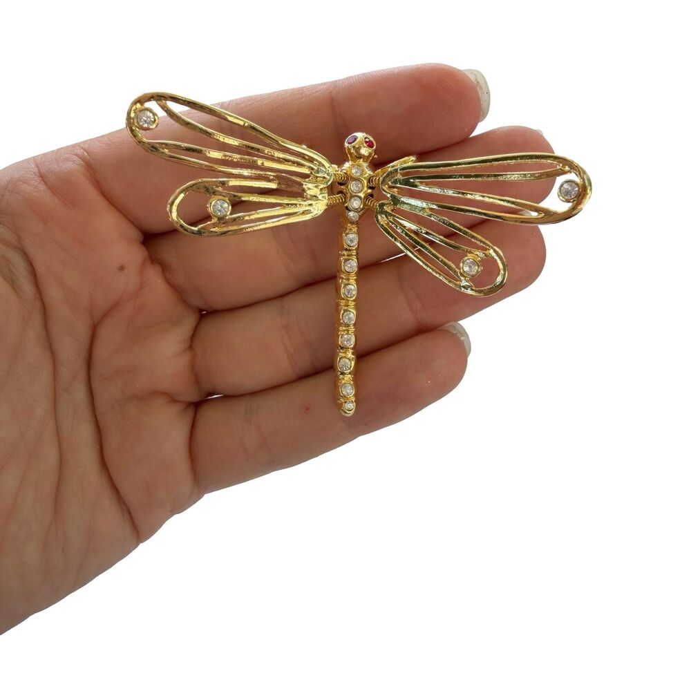 Vintage Gold Tone Dragonfly Trembler Brooch Articulated Spring Wings Signed P Re
